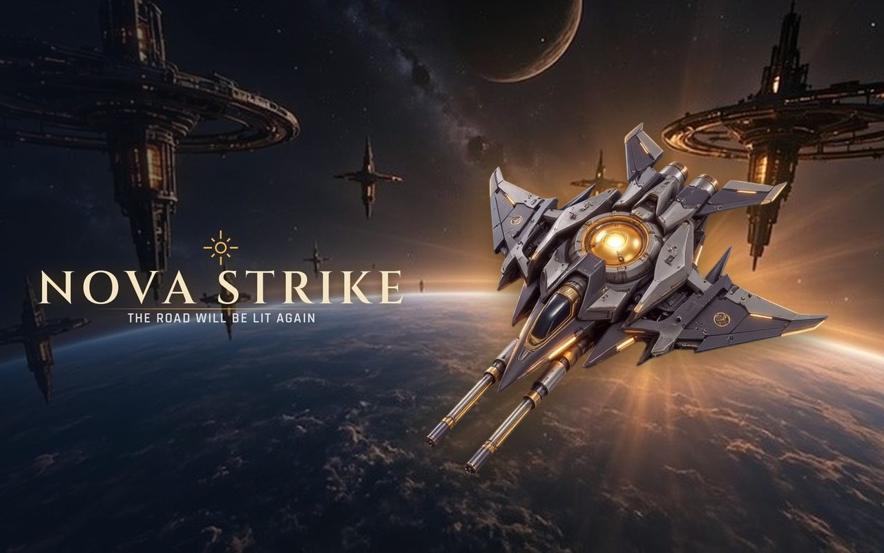 Nova Strike key art: a gold and graphite fighter above a planet